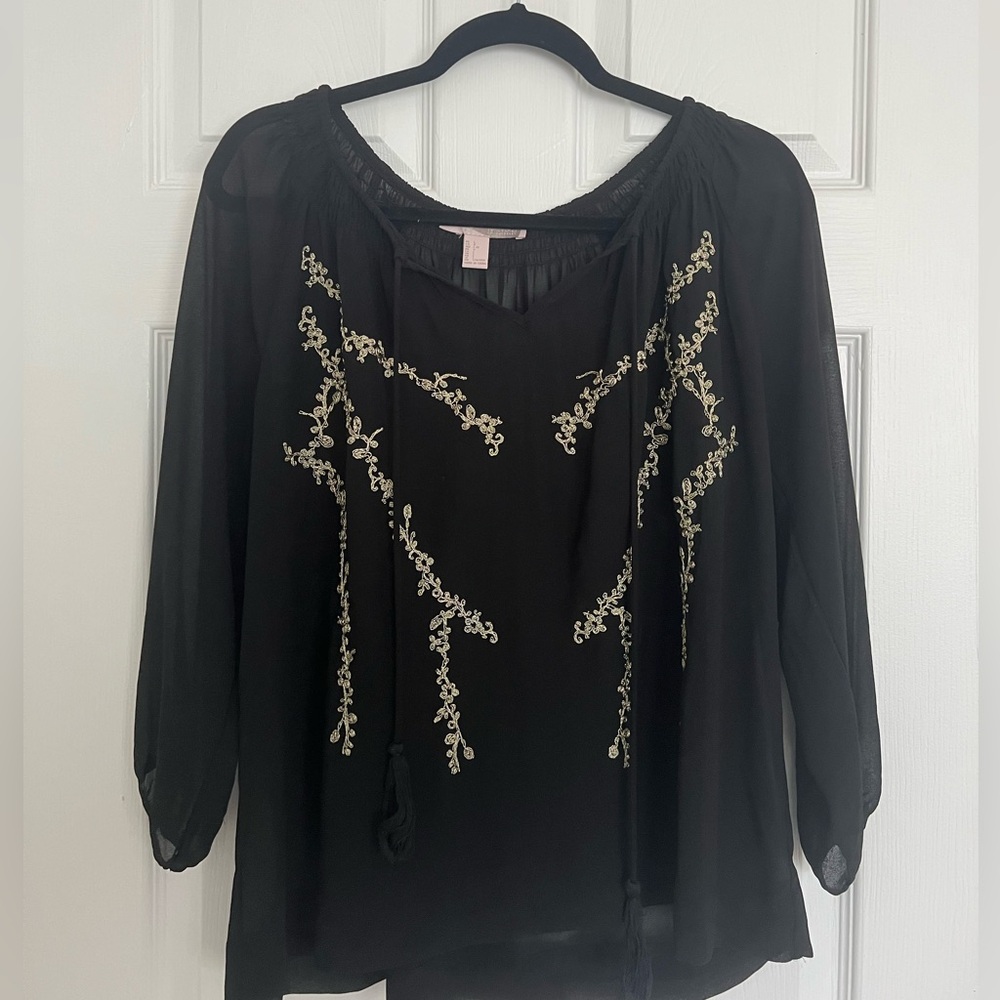Long Sleeve F21 Sheer Gold Detail Black Blouse